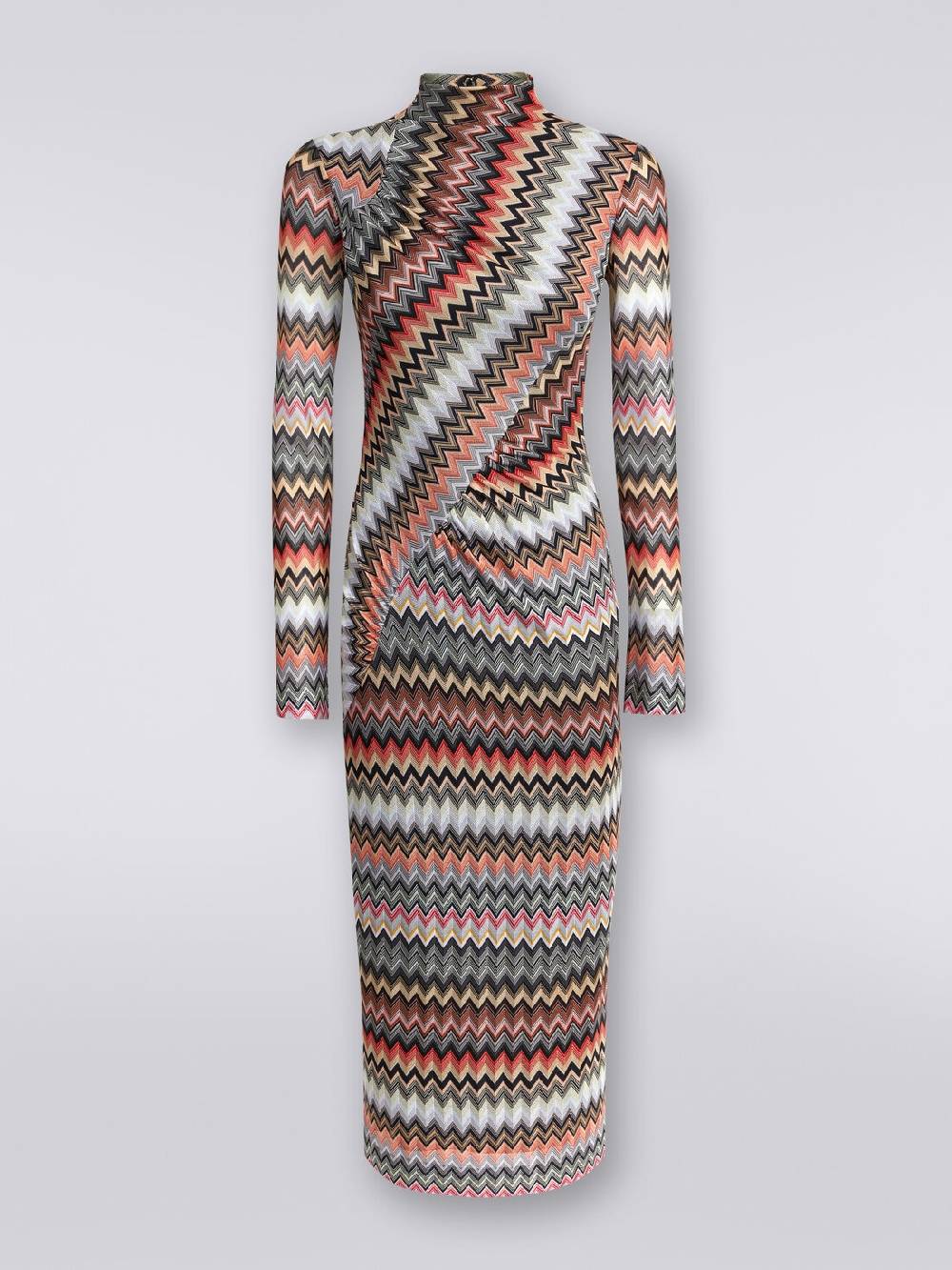 M Missoni Abito lungo con collo alto in cotone e viscosa zig zag con arricciature Nuovo