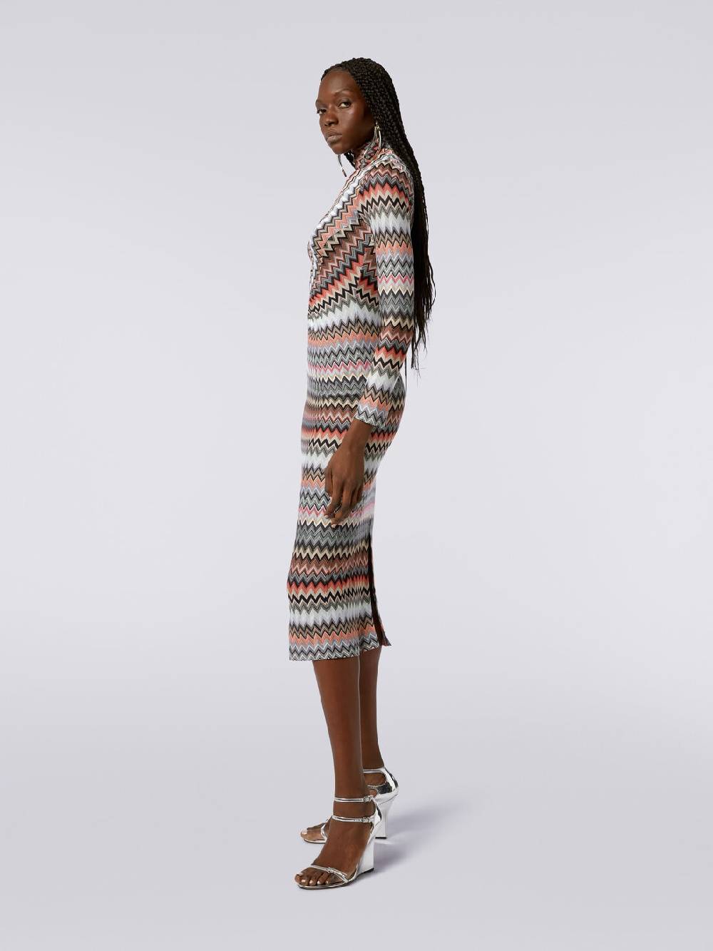 M Missoni Abito lungo con collo alto in cotone e viscosa zig zag con arricciature Nuovo