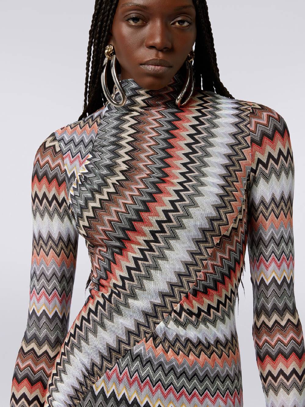 M Missoni Abito lungo con collo alto in cotone e viscosa zig zag con arricciature Nuovo