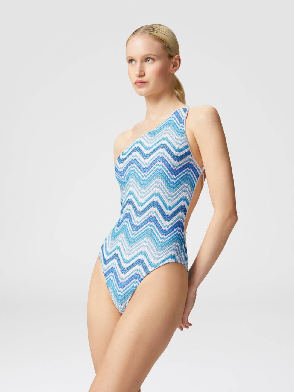 M Missoni Costume intero monospalla in crochet chevron con lurex Prezzo Ridotto
