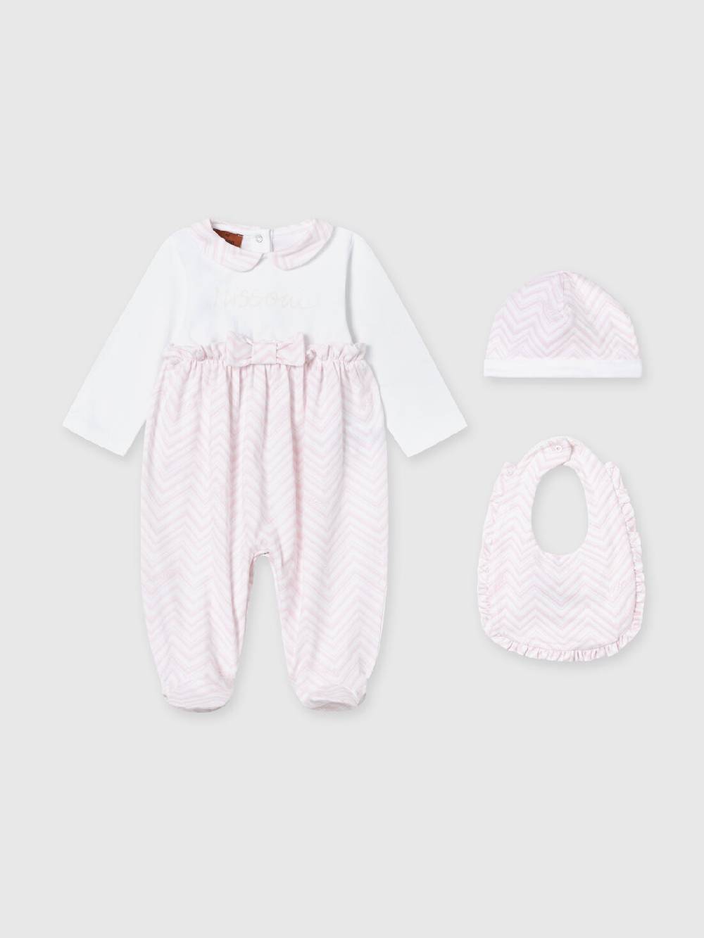M Missoni Set tre pezzi con tutina, zuccotto e bavaglino in cotone con inserti zig zag
