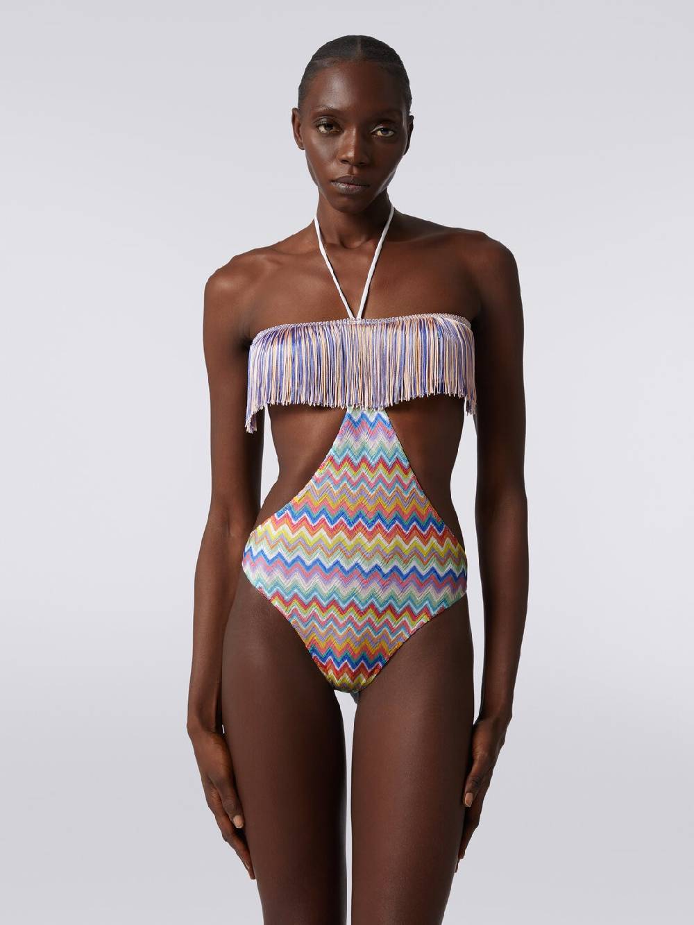 M Missoni Costume intero con stampa zig zag e frange Online