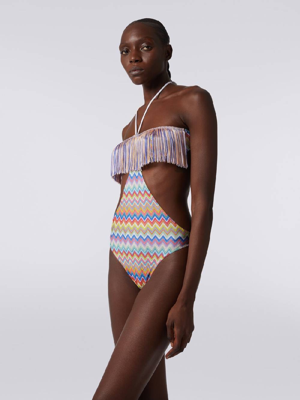 M Missoni Costume intero con stampa zig zag e frange Online