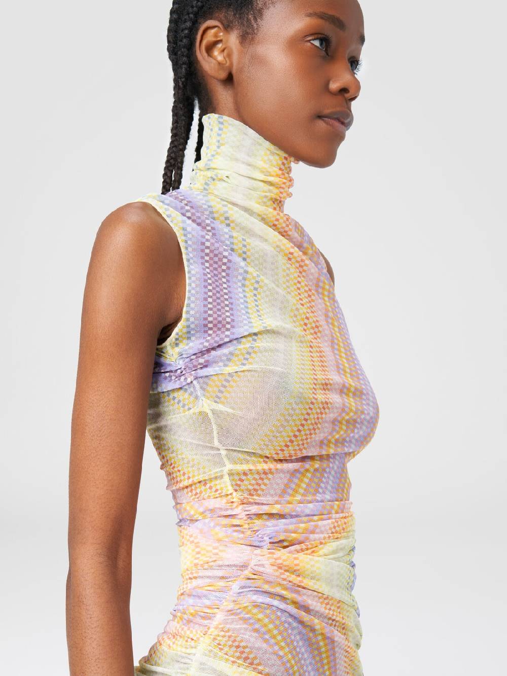 M Missoni Abito lungo a collo alto in tulle con arricciature laterali Trasporto libero internazionale