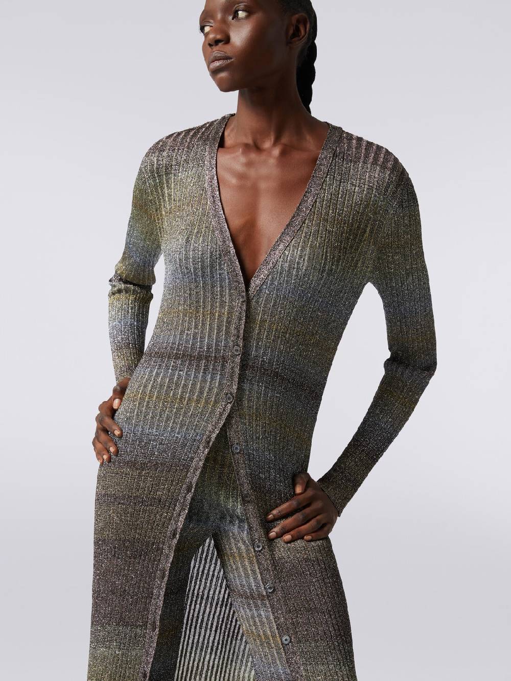 M Missoni Cardigan lungo in viscosa a costine con lurex Saldi