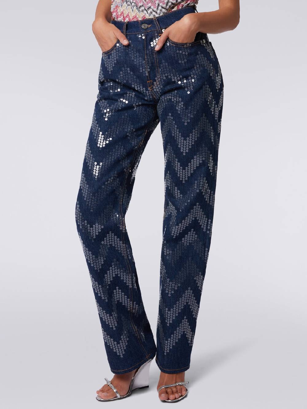 M Missoni Cinque tasche in denim con paillettes zig zag Offerta Giorno del Papà