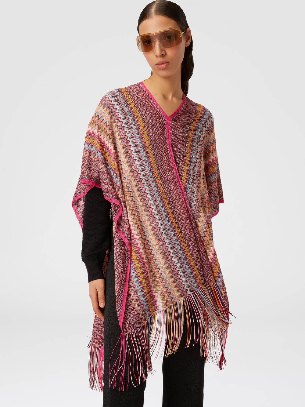 M Missoni Poncho in maglia di viscosa zig zag con frange Nuova