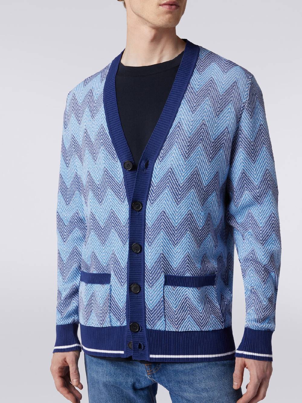 M Missoni Cardigan in maglia di cotone chevron con profili a contrasto Grandi sconti