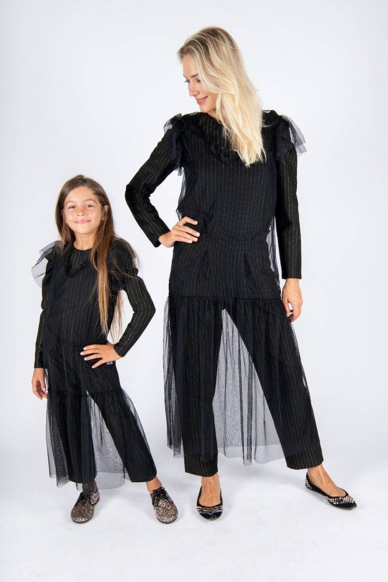 Olive E Miele MiniMe t-shirt Beth + pantalone Gertie gessato lurex + abito Mabel Negozio