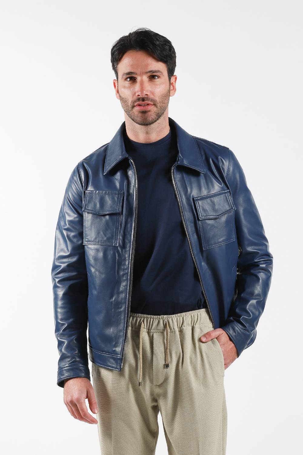Primo Emporio Giubbino in Pelle modello camicia - Blue Acquista Ora