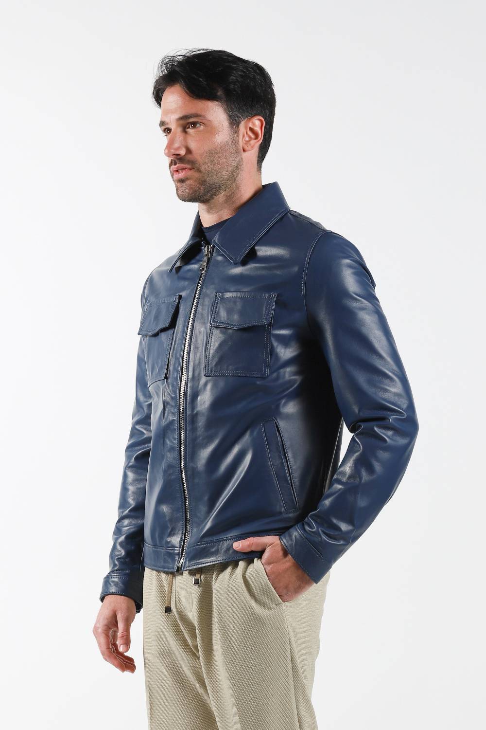 Primo Emporio Giubbino in Pelle modello camicia - Blue Acquista Ora