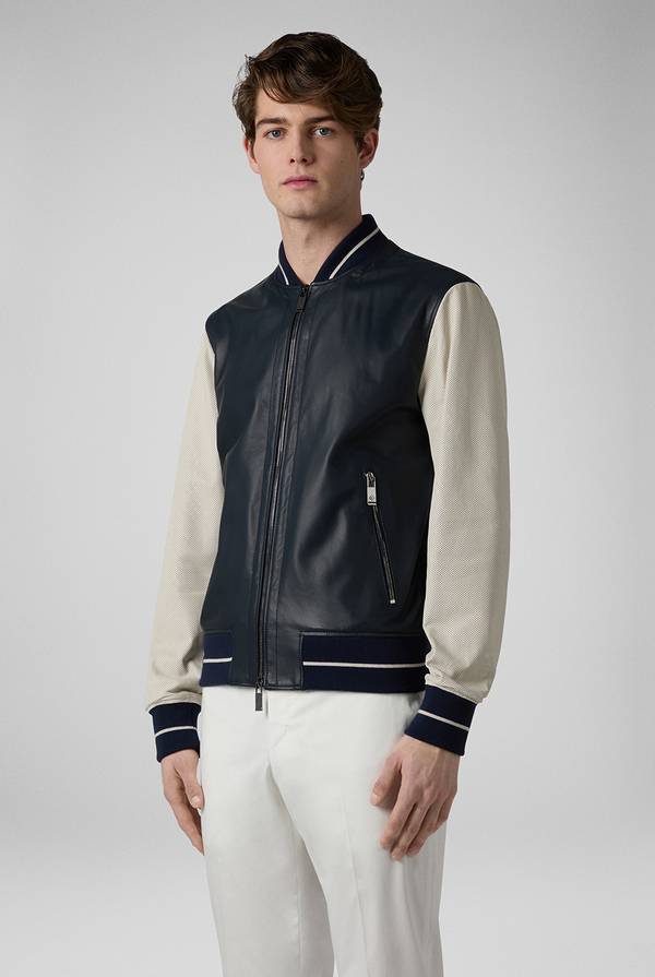 Pull Pal Zileri Varsity Jacket in nappa bicolore blu e panna Pezzi Unici