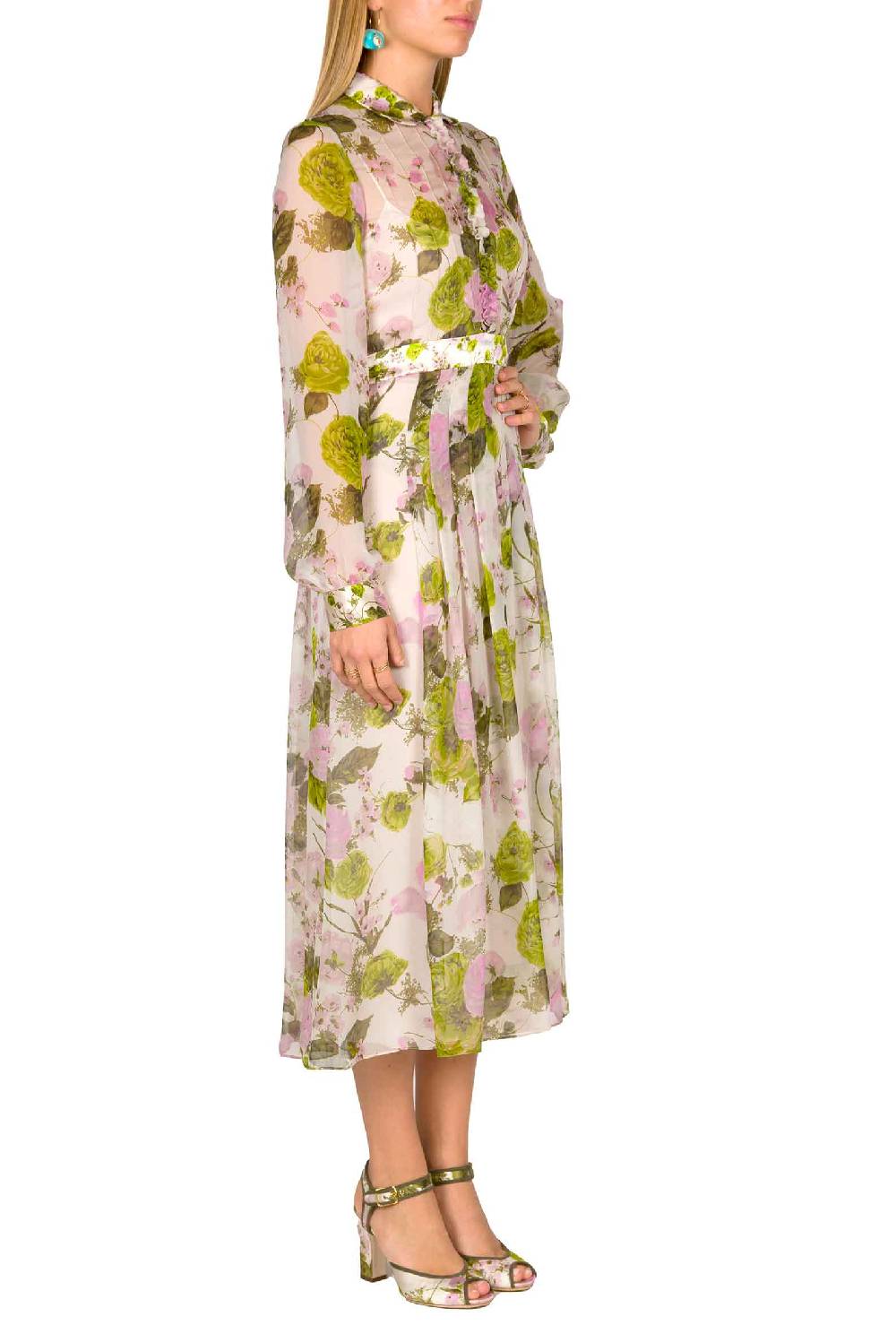 Luisa Beccaria Abito midi in chiffon stampato con rose in fiore Italia