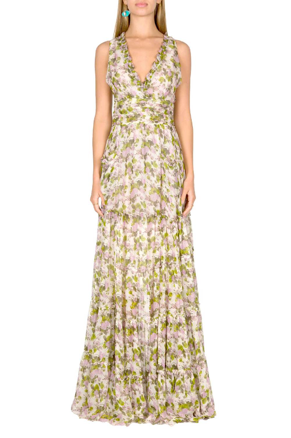 Luisa Beccaria Abito lungo in chiffon increspato con rose in fiore Negozio