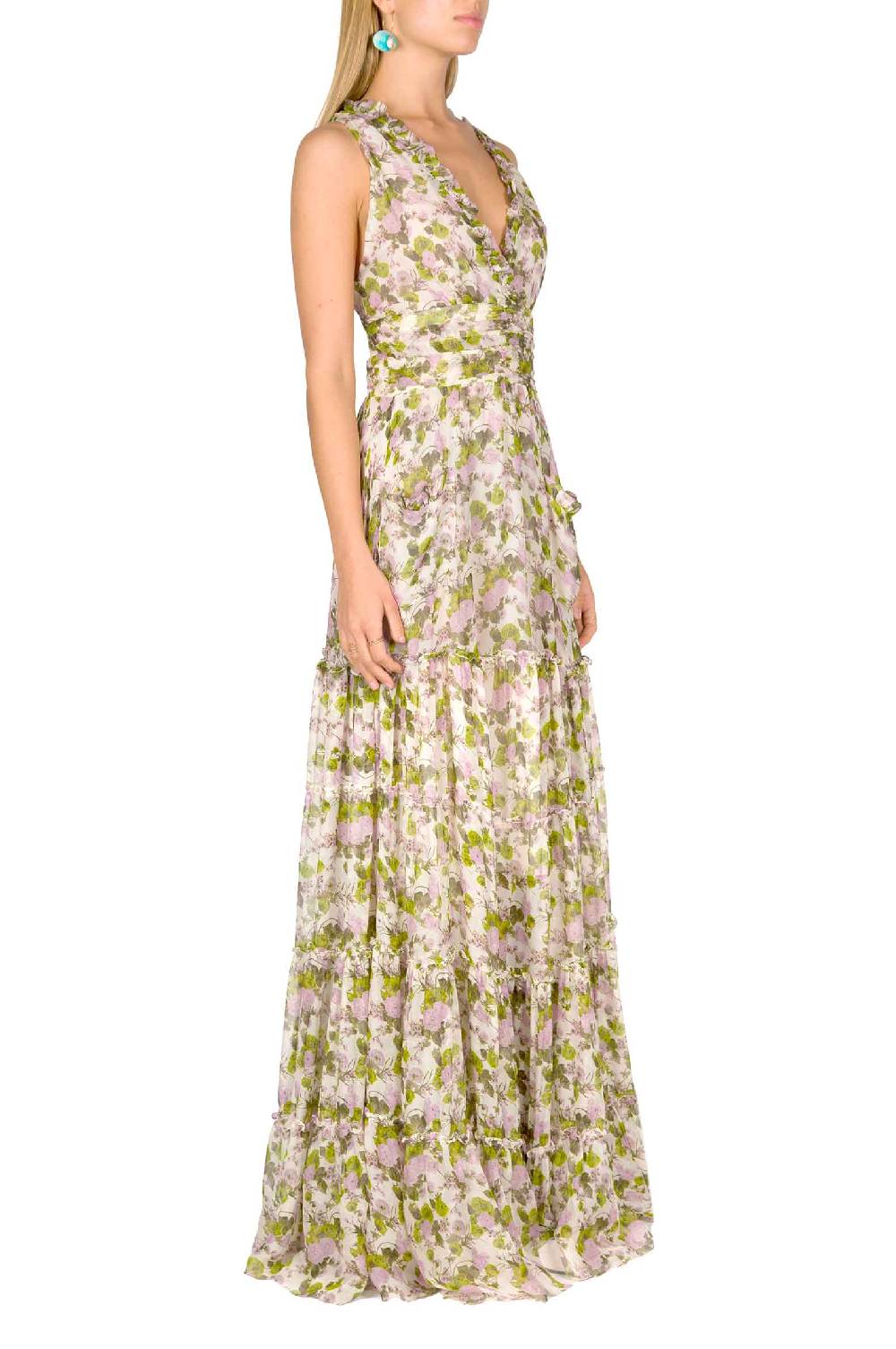 Luisa Beccaria Abito lungo in chiffon increspato con rose in fiore Negozio