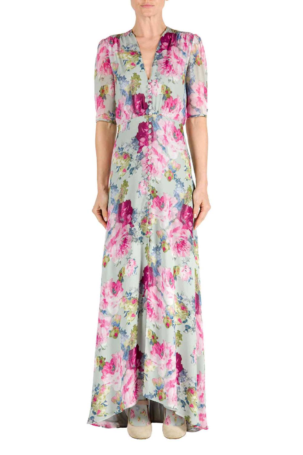 Luisa Beccaria Abito Bottoncino in Crepe Stampa Floreale Rose Negozi Online