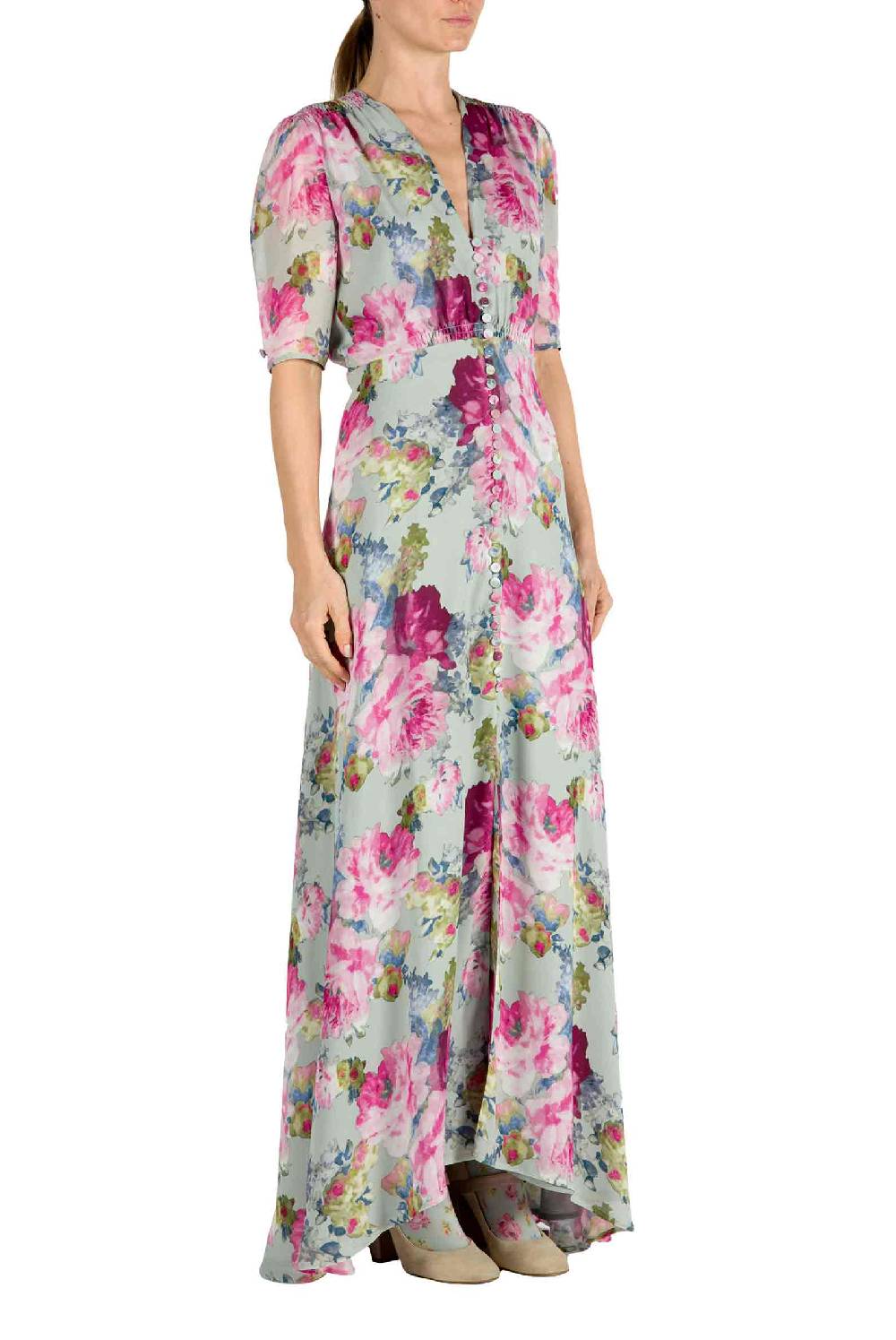 Luisa Beccaria Abito Bottoncino in Crepe Stampa Floreale Rose Negozi Online