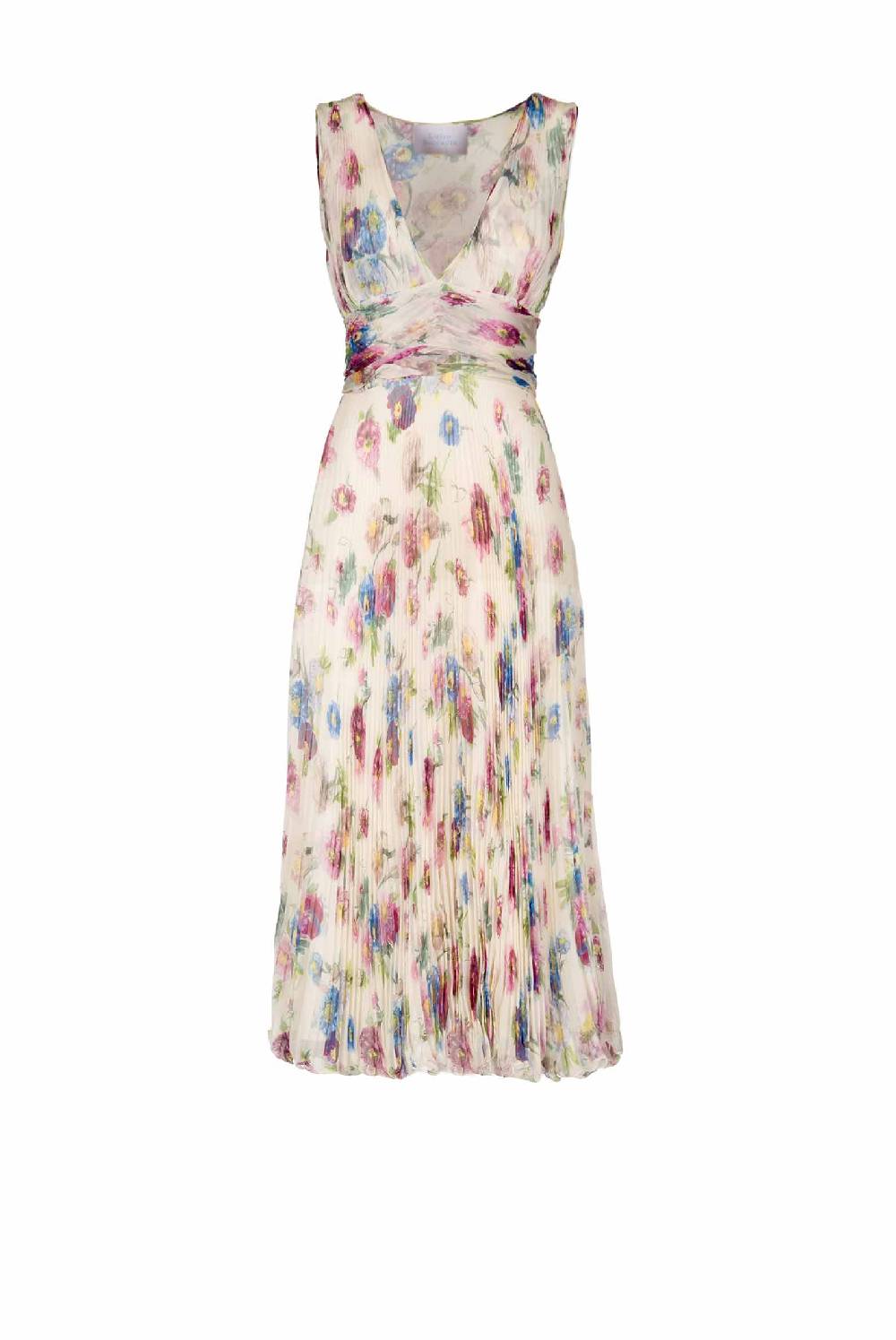Luisa Beccaria Abito in chiffon stampato con macro anemoni a pieghe