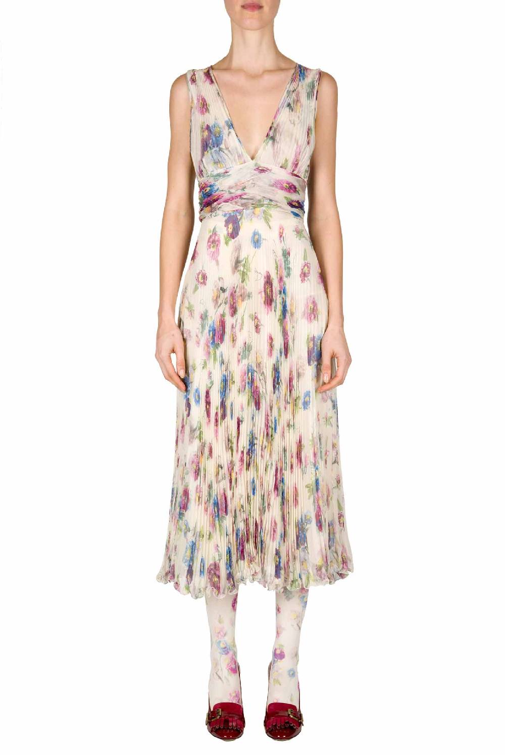 Luisa Beccaria Abito in chiffon stampato con macro anemoni a pieghe Nuovi prodotti