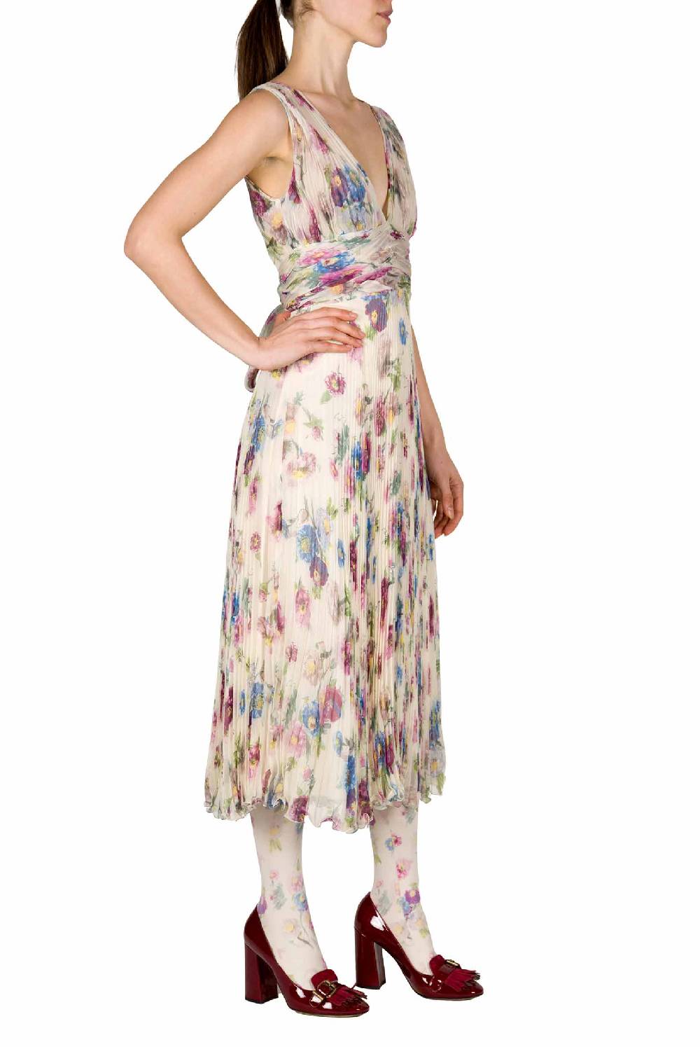 Luisa Beccaria Abito in chiffon stampato con macro anemoni a pieghe Nuovi prodotti