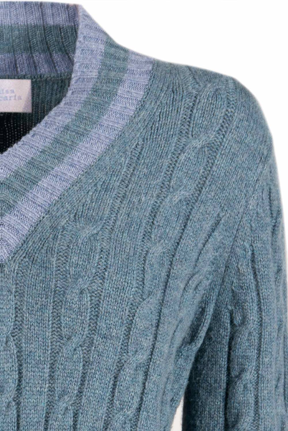 Luisa Beccaria Maglione scollo a V in cashmere a trecce petrolio Sconti VIP