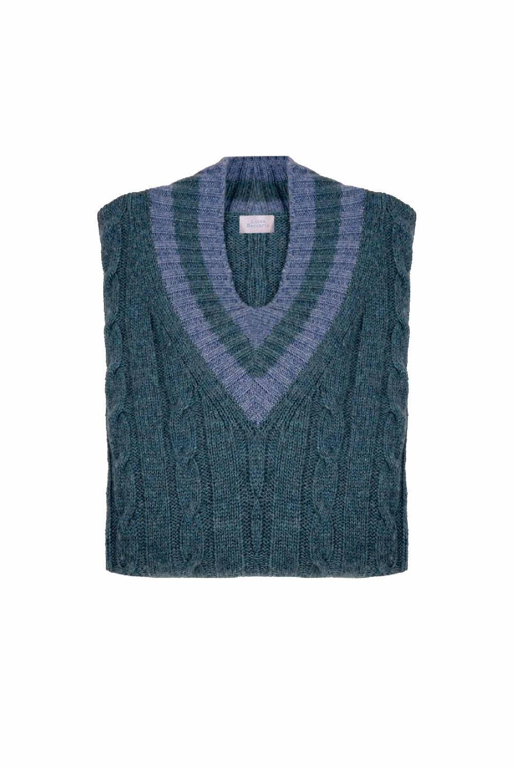 Luisa Beccaria Maglione scollo a V in cashmere a trecce petrolio Sconti VIP
