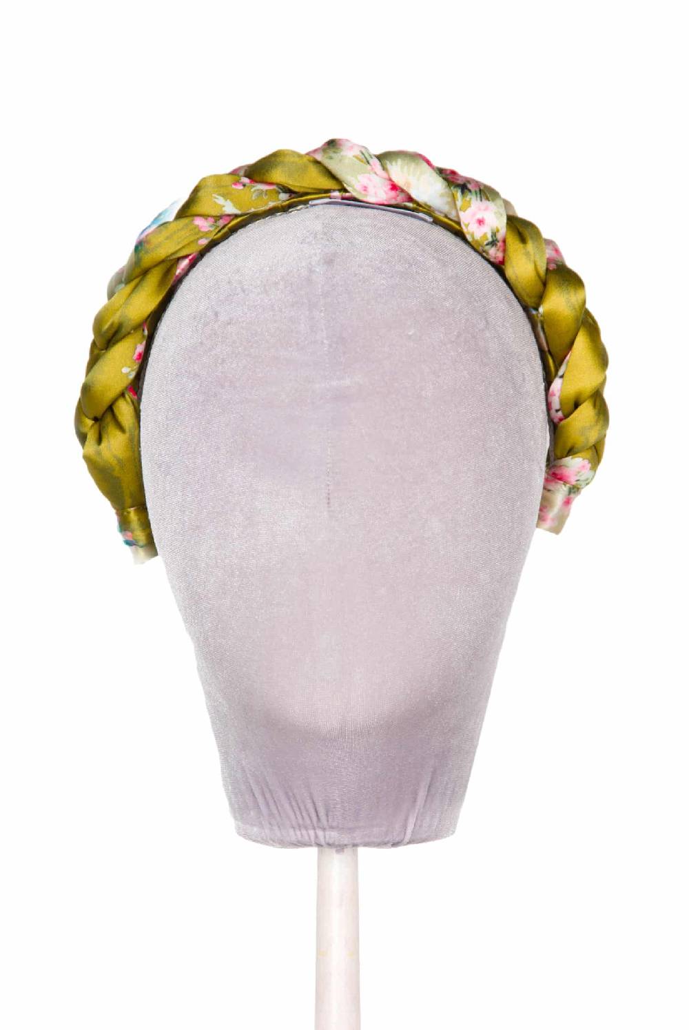 Luisa Beccaria Fascia per capelli intrecciata con boccioli di rose in raso verde brillante Enormi sconti