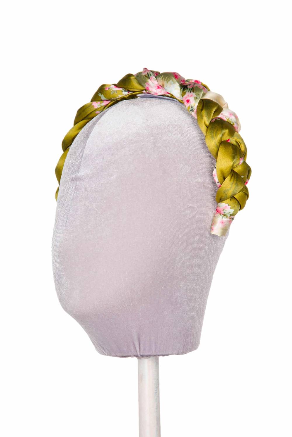 Luisa Beccaria Fascia per capelli intrecciata con boccioli di rose in raso verde brillante Enormi sconti
