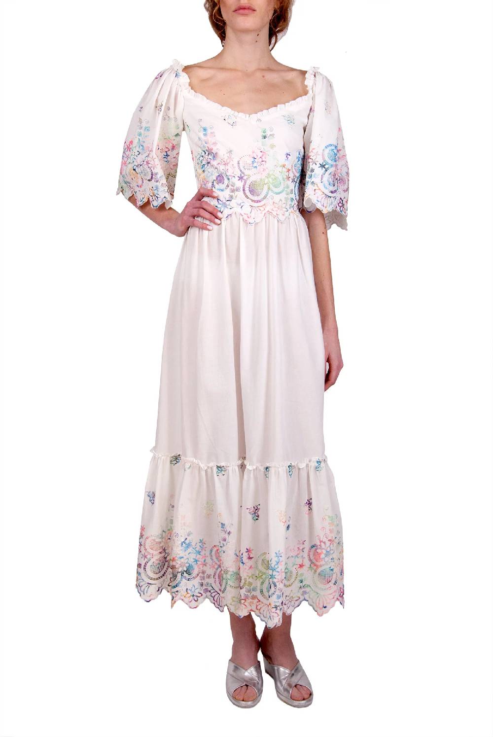 Luisa Beccaria Abito in cotone bianco ricamato Outlet
