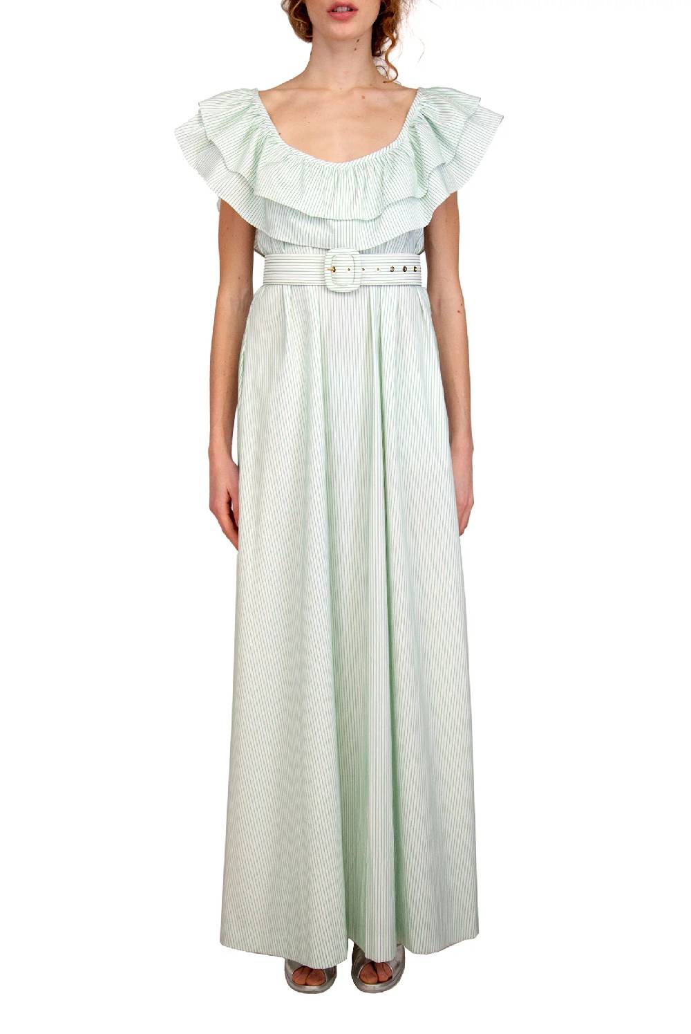 Luisa Beccaria Abito A Righe Verde / Bianco Con Volant Saldi