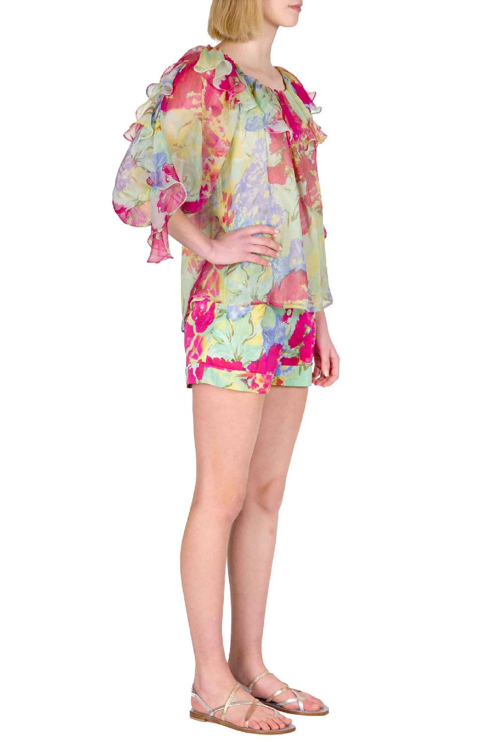 Luisa Beccaria Blusa Volant in Chiffon a Fiori Astratti Vendita Economica
