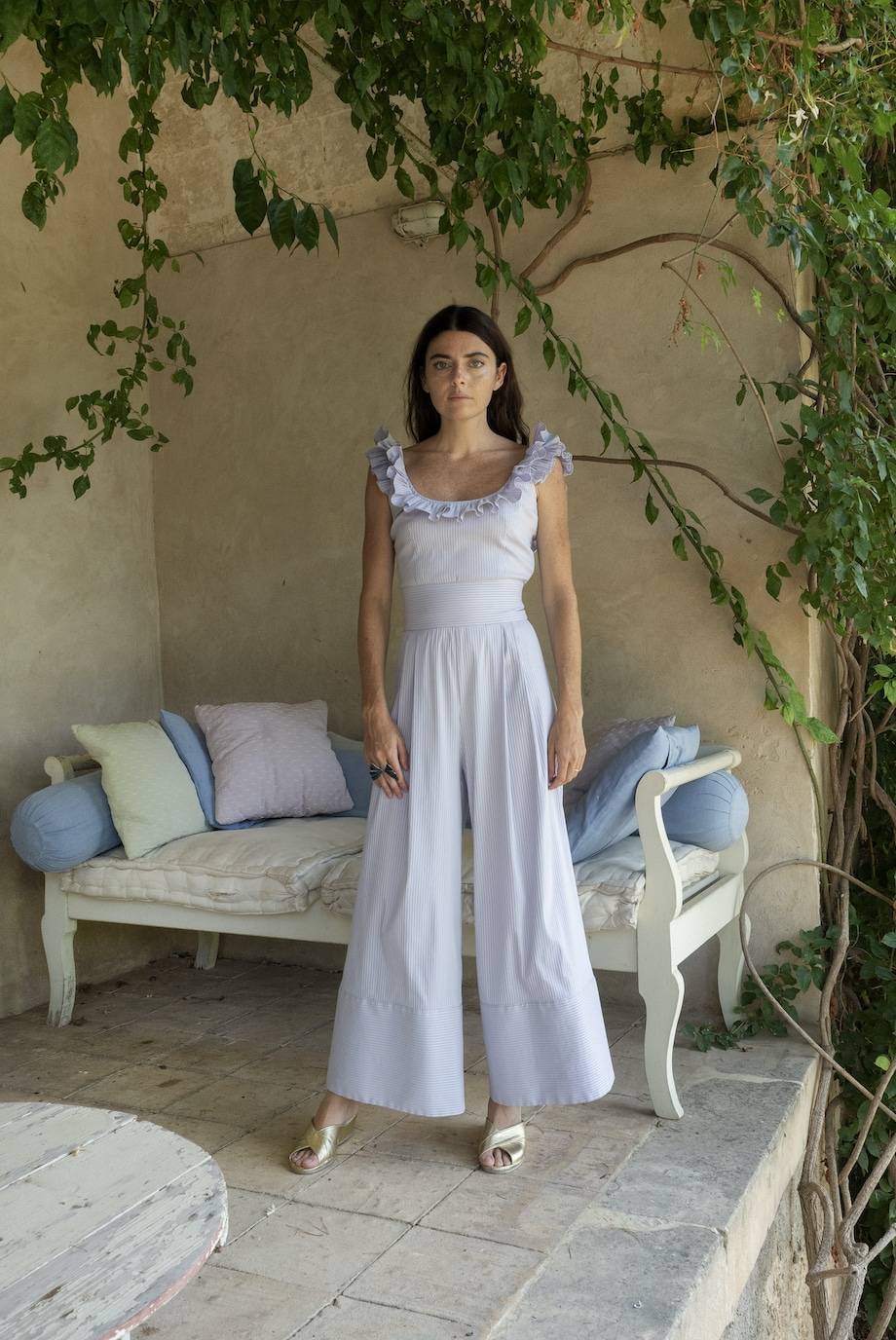 Luisa Beccaria Pantaloni larghi in misto cotone a righe lilla / bianche I Più Venduti
