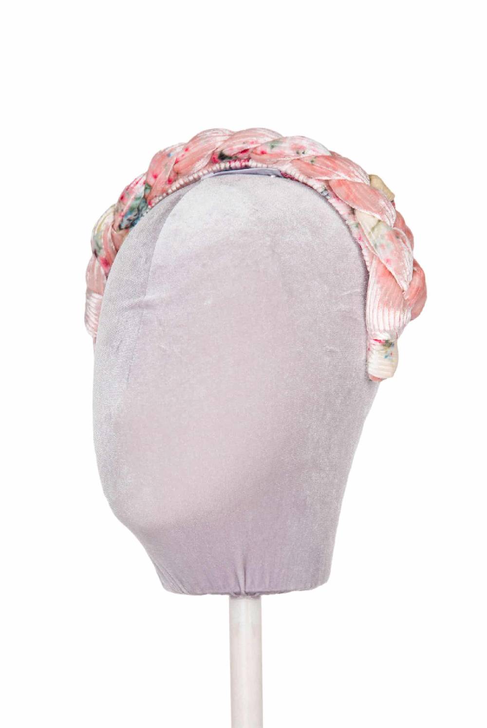 Luisa Beccaria Fascia per capelli intrecciata con boccioli di rose di velluto rosa Fornitura limitata