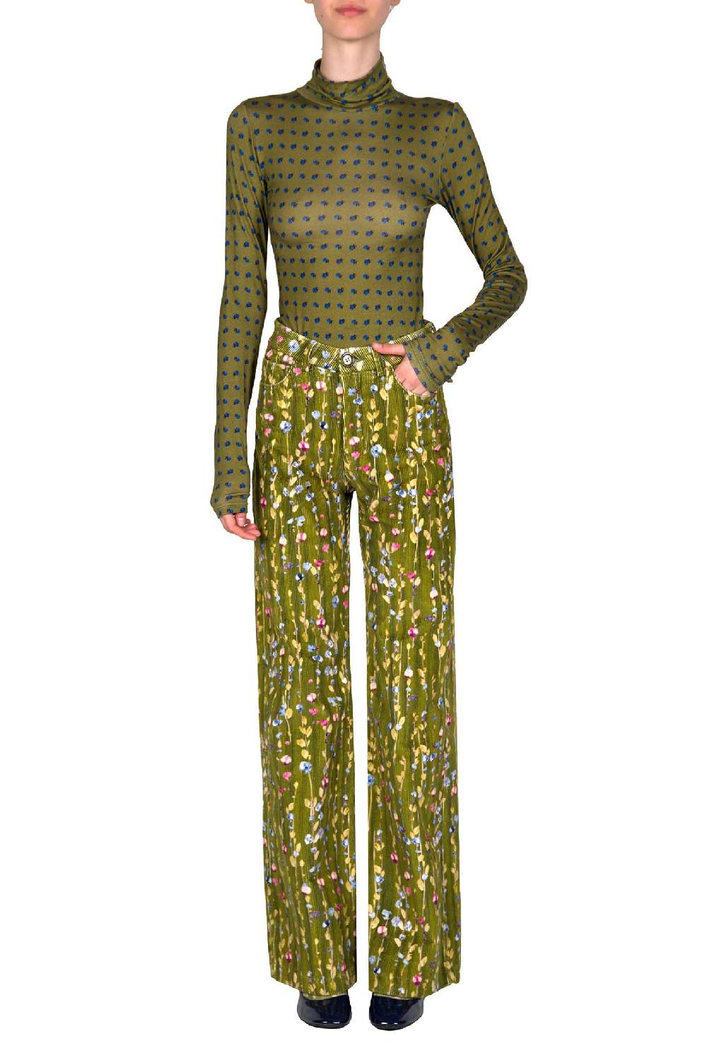 Luisa Beccaria Pantaloni palazzo in velluto a coste con ghirlanda di fiori Latest stili