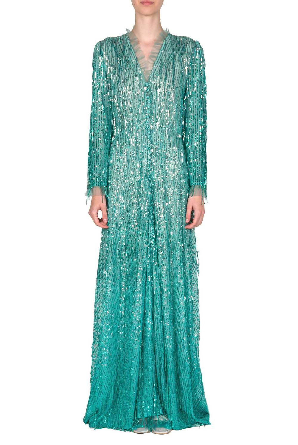 Luisa Beccaria Abito lungo bottoncino con frange e paillettes 50% di sconto con spedizione gratuita