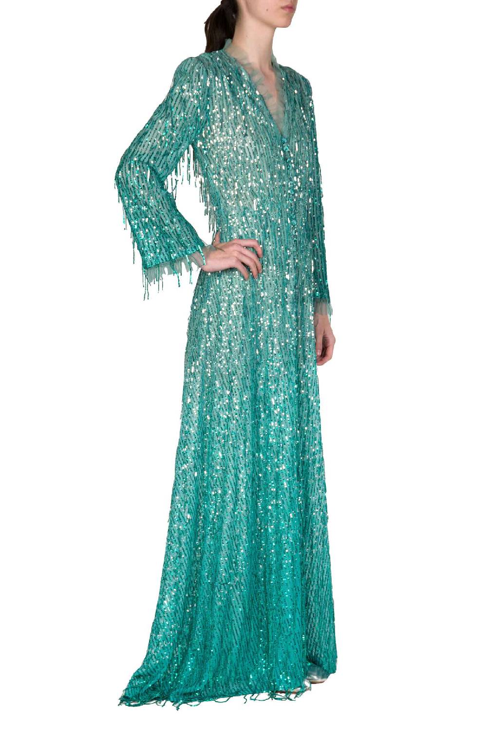 Luisa Beccaria Abito lungo bottoncino con frange e paillettes 50% di sconto con spedizione gratuita