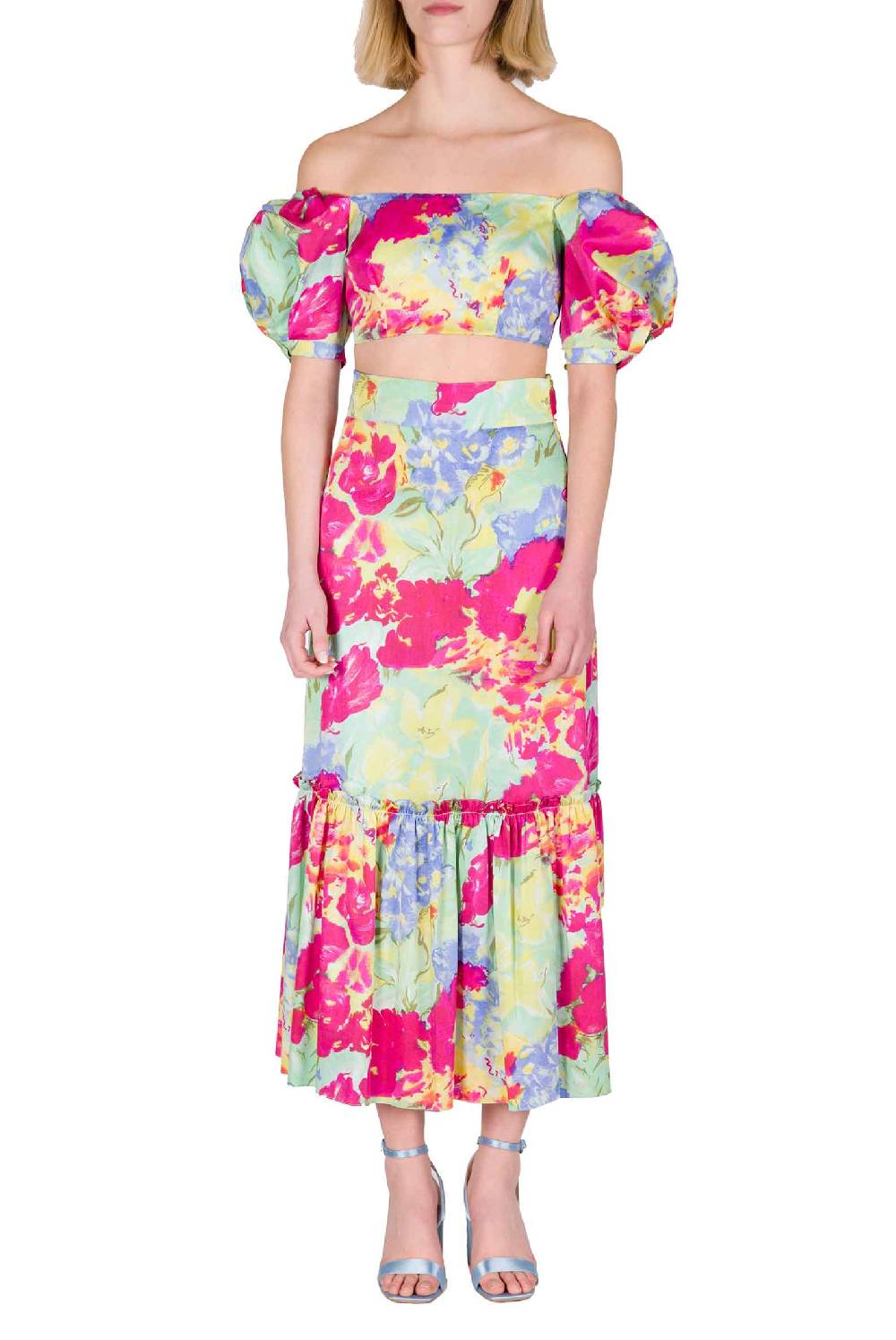 Luisa Beccaria Top in cotone stampato con spalle scoperte con fiori astratti 2025