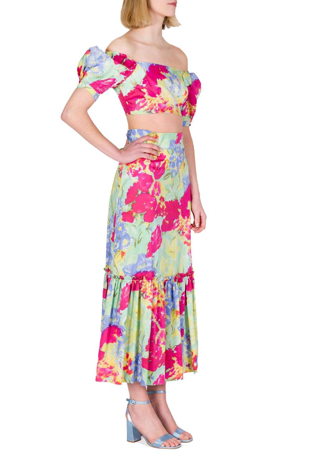 Luisa Beccaria Top in cotone stampato con spalle scoperte con fiori astratti 2025