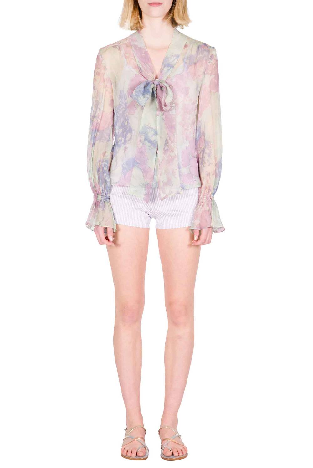 Luisa Beccaria Camicia in chiffon stampato con fiocco in fiori astratti Italia