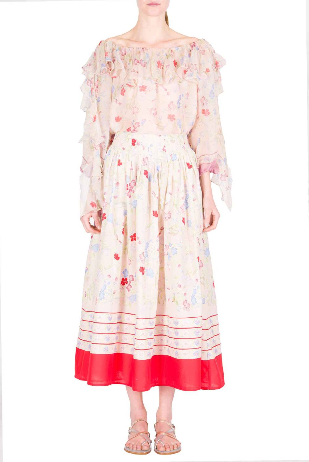 Luisa Beccaria Gonna midi a pieghe in cotone con fiori Gilly Promozione Limitata