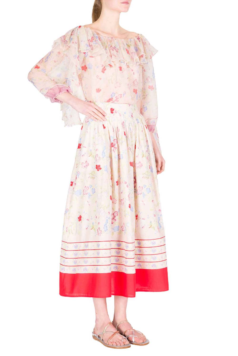 Luisa Beccaria Gonna midi a pieghe in cotone con fiori Gilly Promozione Limitata