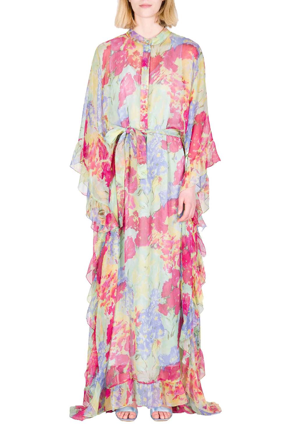 Luisa Beccaria Caftano in chiffon con finiture arricciate a fiori astratti Offerta