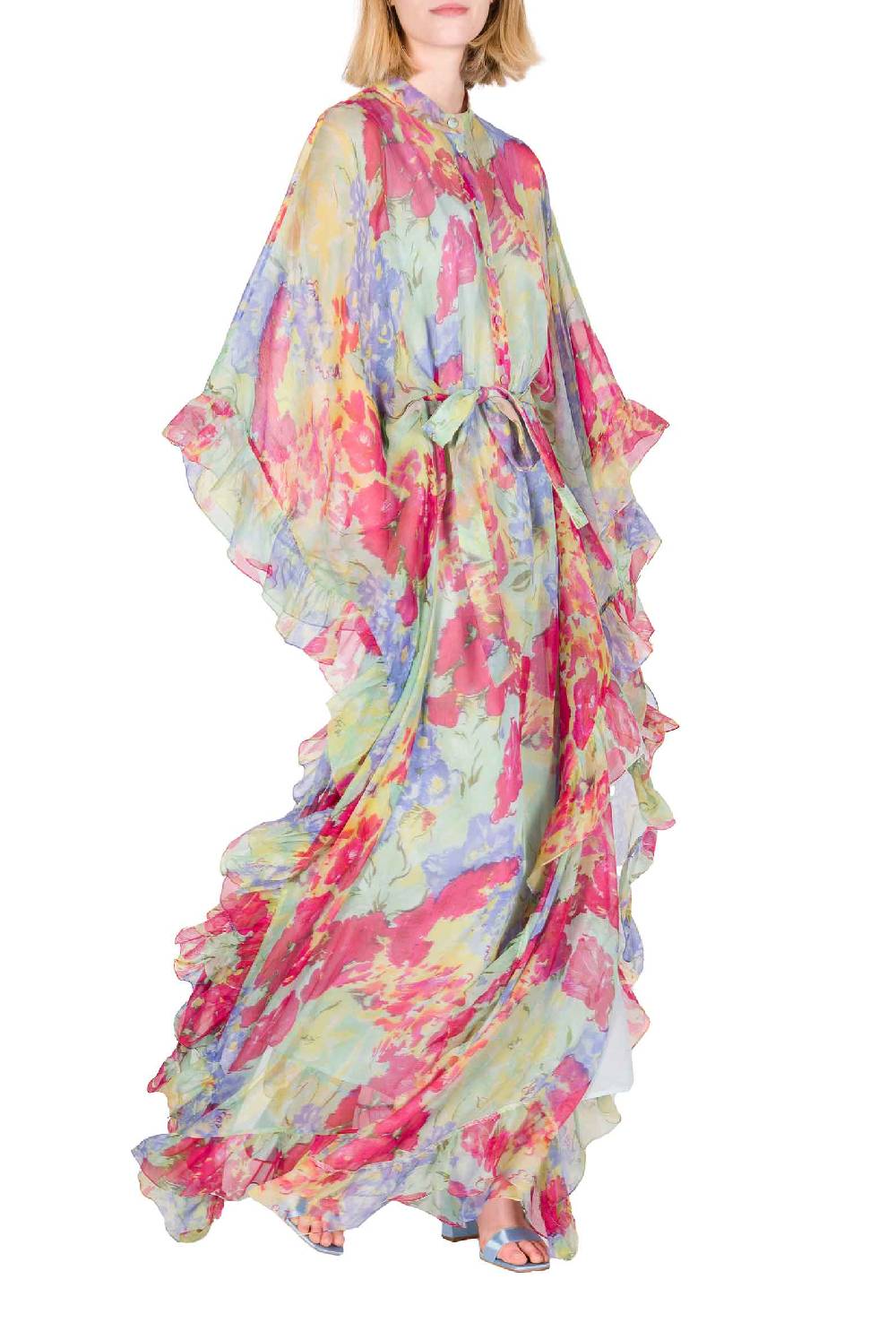 Luisa Beccaria Caftano in chiffon con finiture arricciate a fiori astratti Offerta
