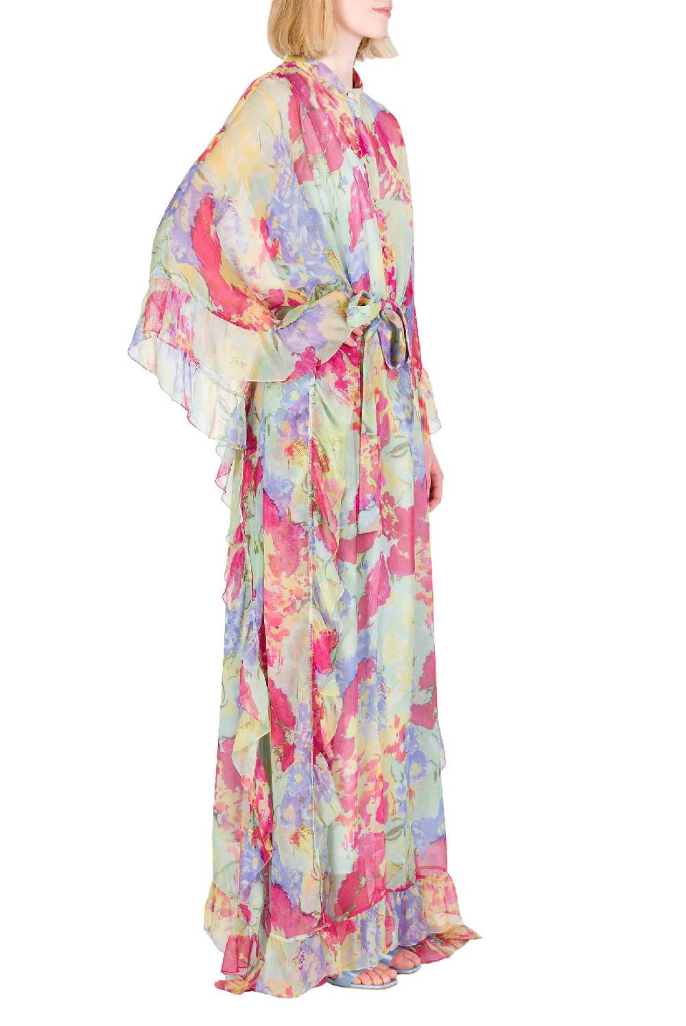 Luisa Beccaria Caftano in chiffon con finiture arricciate a fiori astratti Offerta