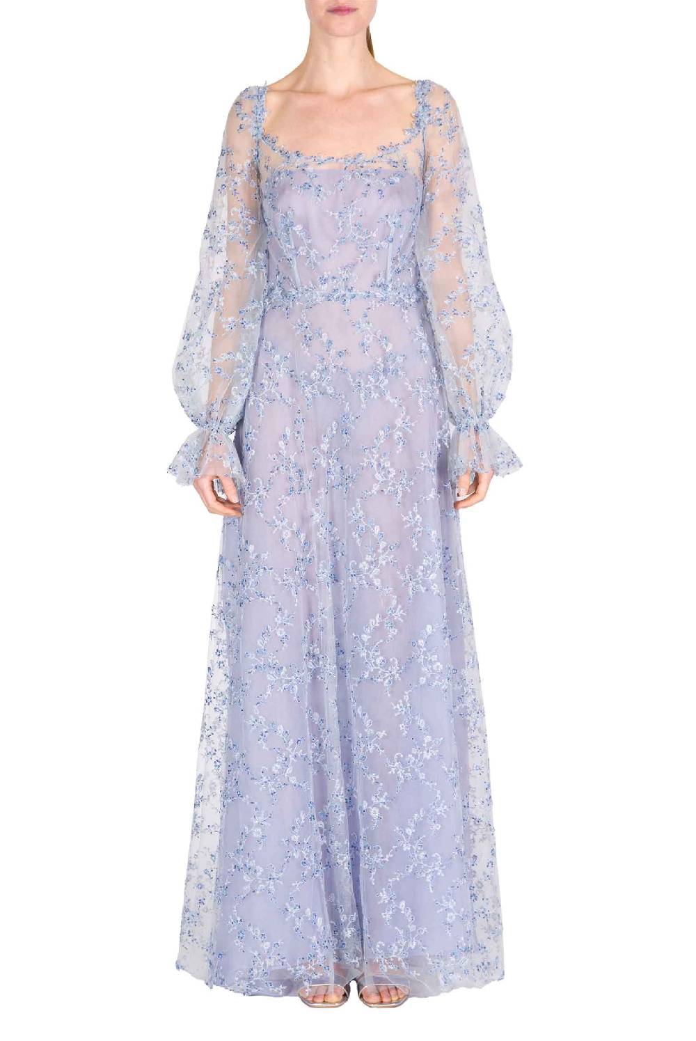 Luisa Beccaria Abito da sera in tulle blu con ricami Offerta natalizia