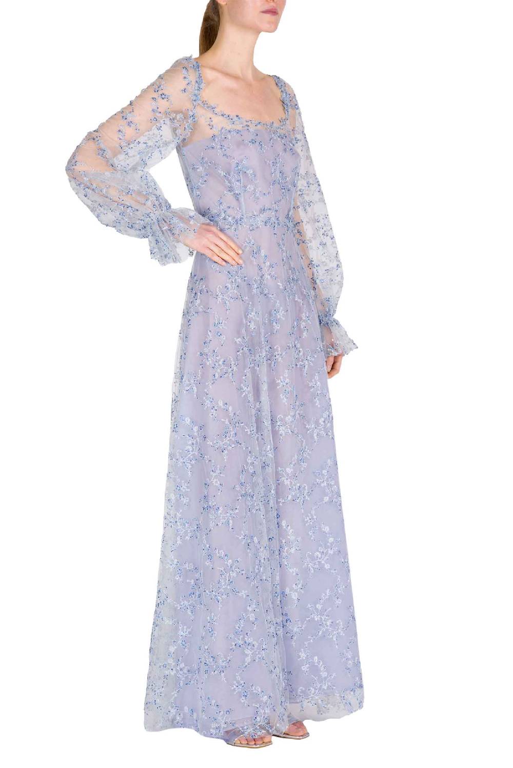 Luisa Beccaria Abito da sera in tulle blu con ricami Offerta natalizia