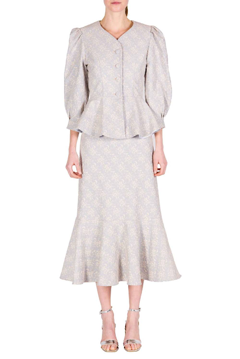 Luisa Beccaria Giacca a balze in jacquard floreale con maniche a sbuffo Offerta Anniversario