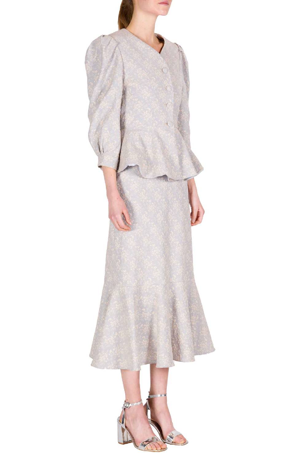Luisa Beccaria Giacca a balze in jacquard floreale con maniche a sbuffo Offerta Anniversario
