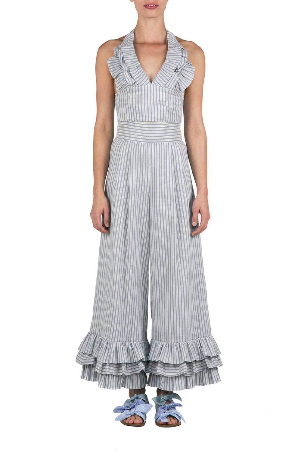 Luisa Beccaria Top all'americana in misto lino e cotone con scollo a V Liquidazione