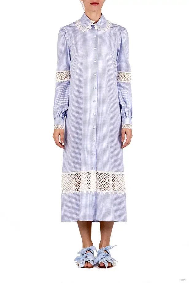 Luisa Beccaria Abito chemisier in cotone a quadretti con pizzo Offerte giornaliere